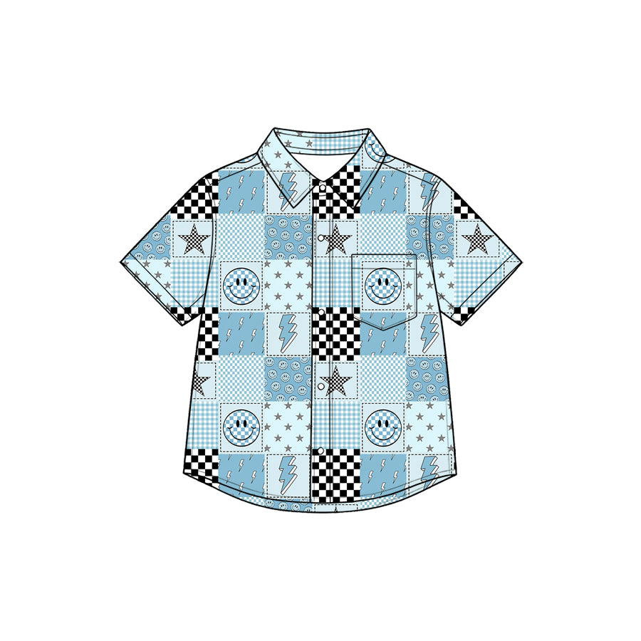 Preorder (moq 5) Kids Boys Clothes Patchwork Smiley Star Lightning Checker Short Sleeve Button Down Shirt