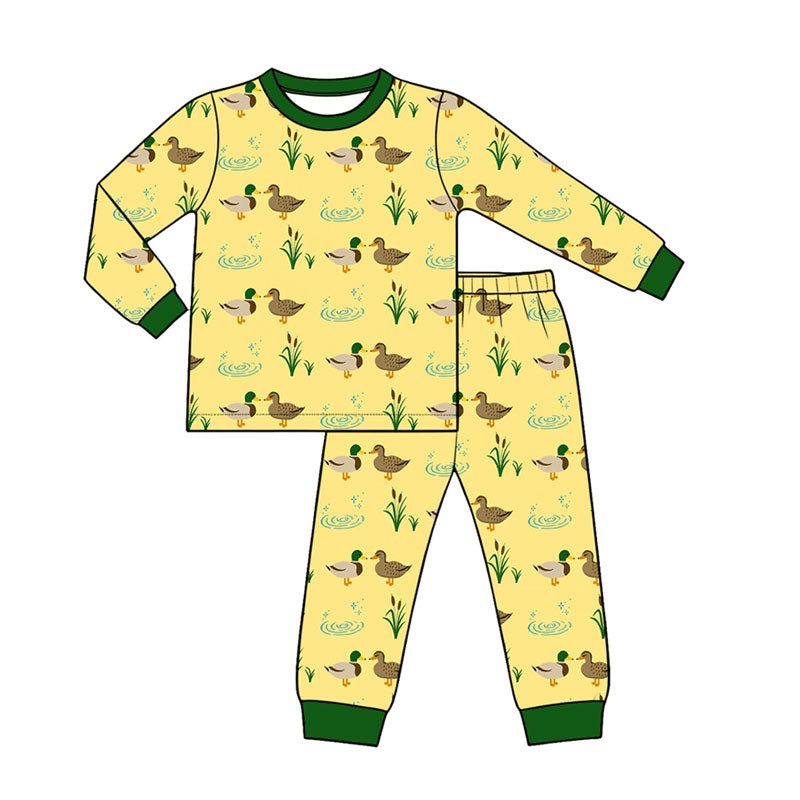 Preorder (moq 5) Baby Boy Clothes Mallard Duck Pond Grass Print Long Sleeve Top Pant Pajama Set