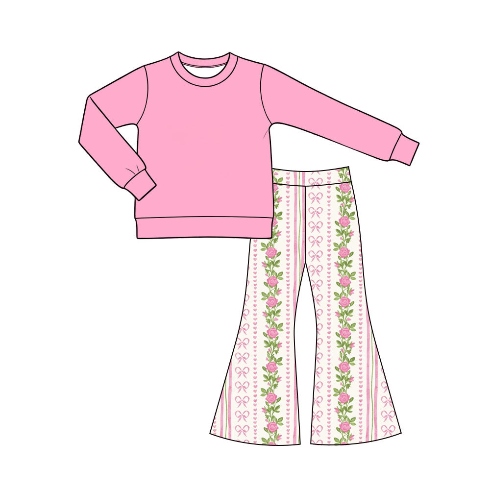 Preorder (moq 5) Baby Girl Clothes Solid Pink Top Rose Bow Stripe Print Flare Pants Outfit Set