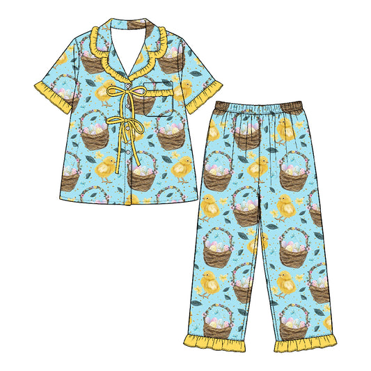 Preorder (moq 5) Baby Girl Clothes Easter Chick Egg Basket Mixed Print Short Sleeve Ruffle Pajama Set