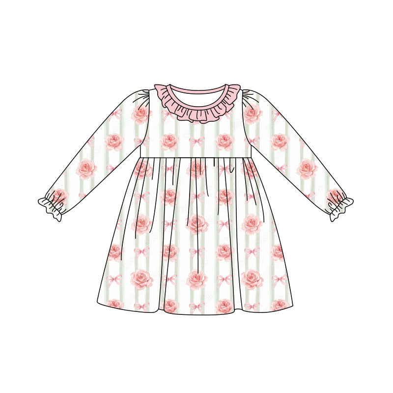 Preorder (moq 5) Baby Girl Clothes Rose Bow Stripe Print Ruffle Neck Long Sleeve Swing Dress