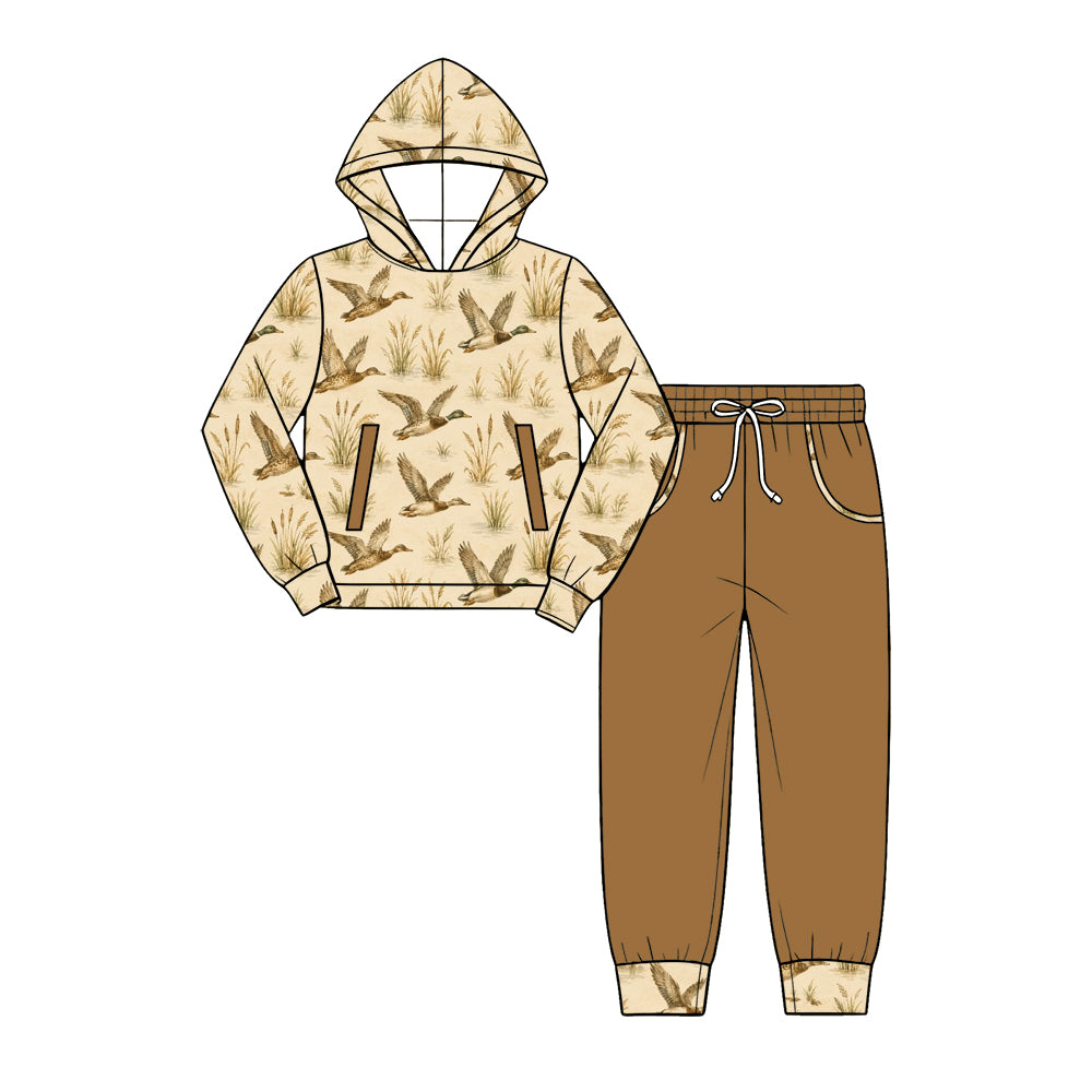 Preorder (moq 5) Baby Boy Clothes Flying Mallard Duck Grass Print Long Sleeve Hooded Top Jogger Pant Set