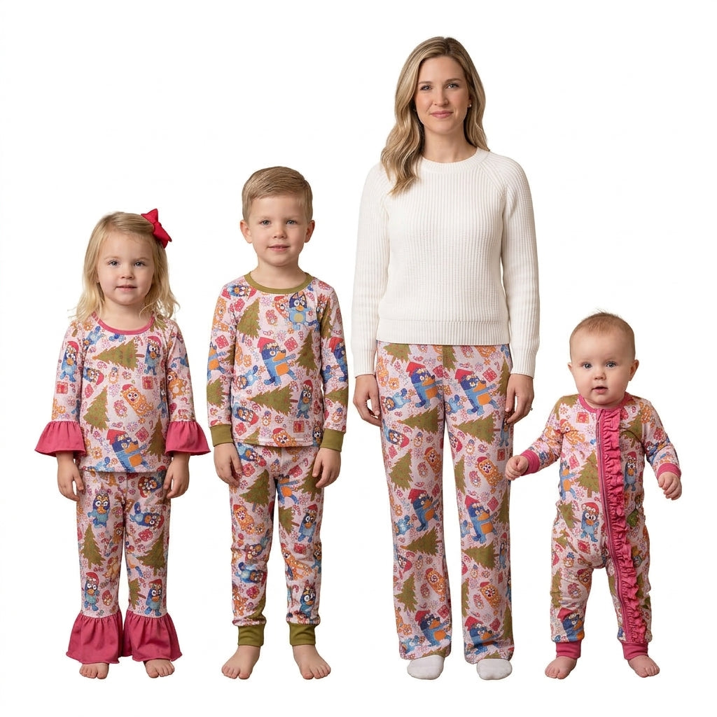 NO MOQ RTS BLP0258 Baby Boy Clothes Christmas Cartoon Dog Character Allover Print Long Sleeve Cuff Pant Pajama Clothes Set 202610