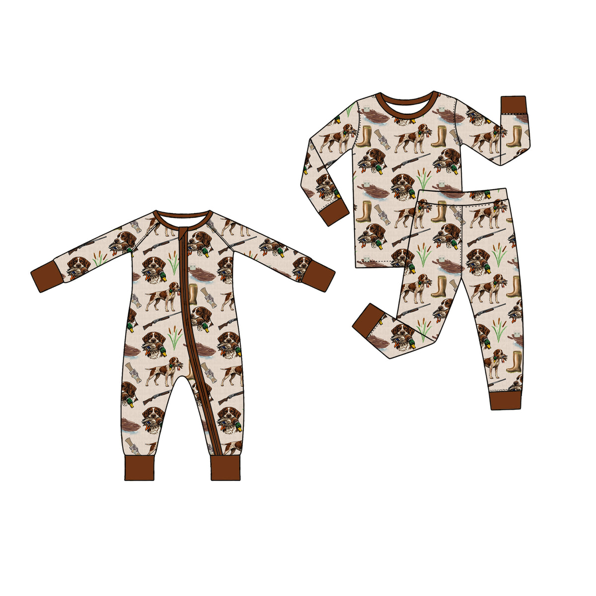 Preorder (moq 5) BLP1650 Baby Boy Clothes Hunting Dog Duck Boot Print Long Sleeve Pajama Set
