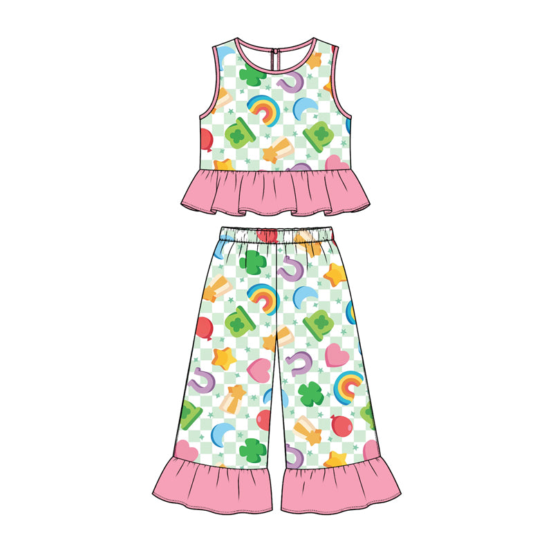 Preorder (moq 5) Baby Girl Clothes St Patrick Rainbow Heart Checker Mixed Print Sleeveless Ruffle Flare Pant Set