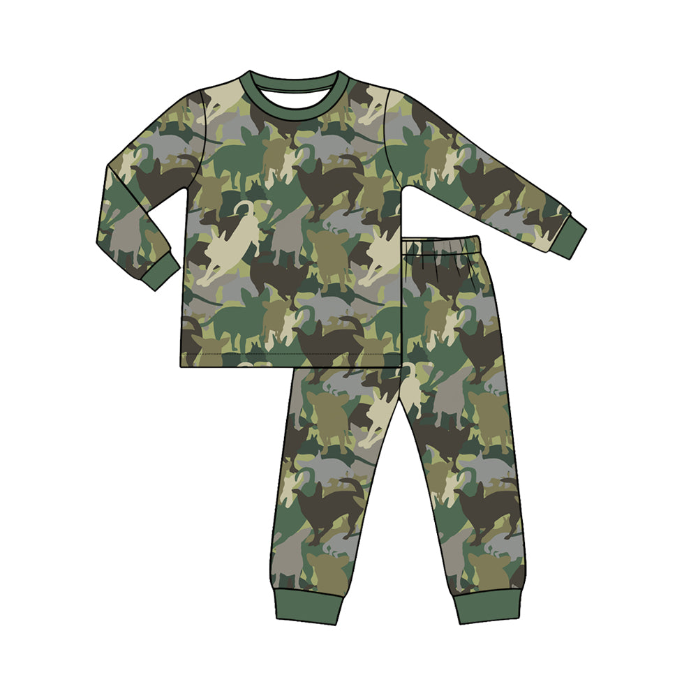 Preorder (moq 5) Baby Boy Clothes Camo Dog Print Long Sleeve Top Jogger Pants Pajama Set