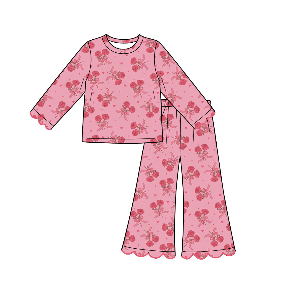 Preorder (moq 5) Baby Girl Clothes Valentine Pink Rose And Tiny Heart Allover Print Long Sleeve Scallop Flare Pant Set