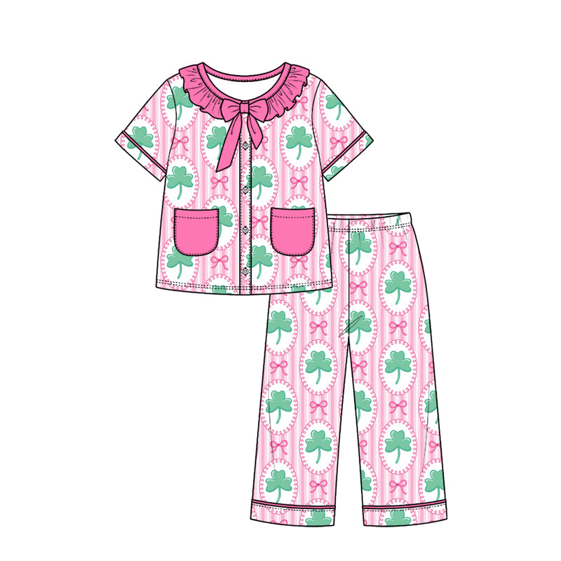 Preorder (moq 5) Girls St Patrick Pajamas Pink Striped Shamrock Print Ruffle Collar Bow Short Sleeve Top Long Pants Set