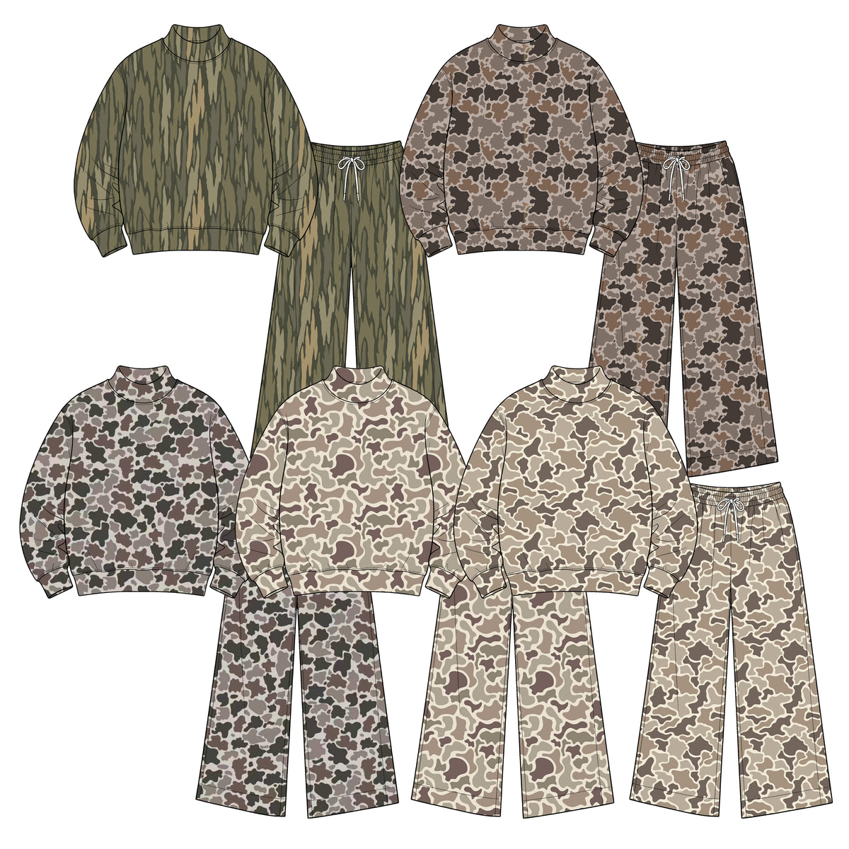 Preorder GLP3817 Olive Woodland Camo Women’s Yoga Set – 2 Piece Mock Neck Pullover & Wide Leg Pants Lounge Activewear