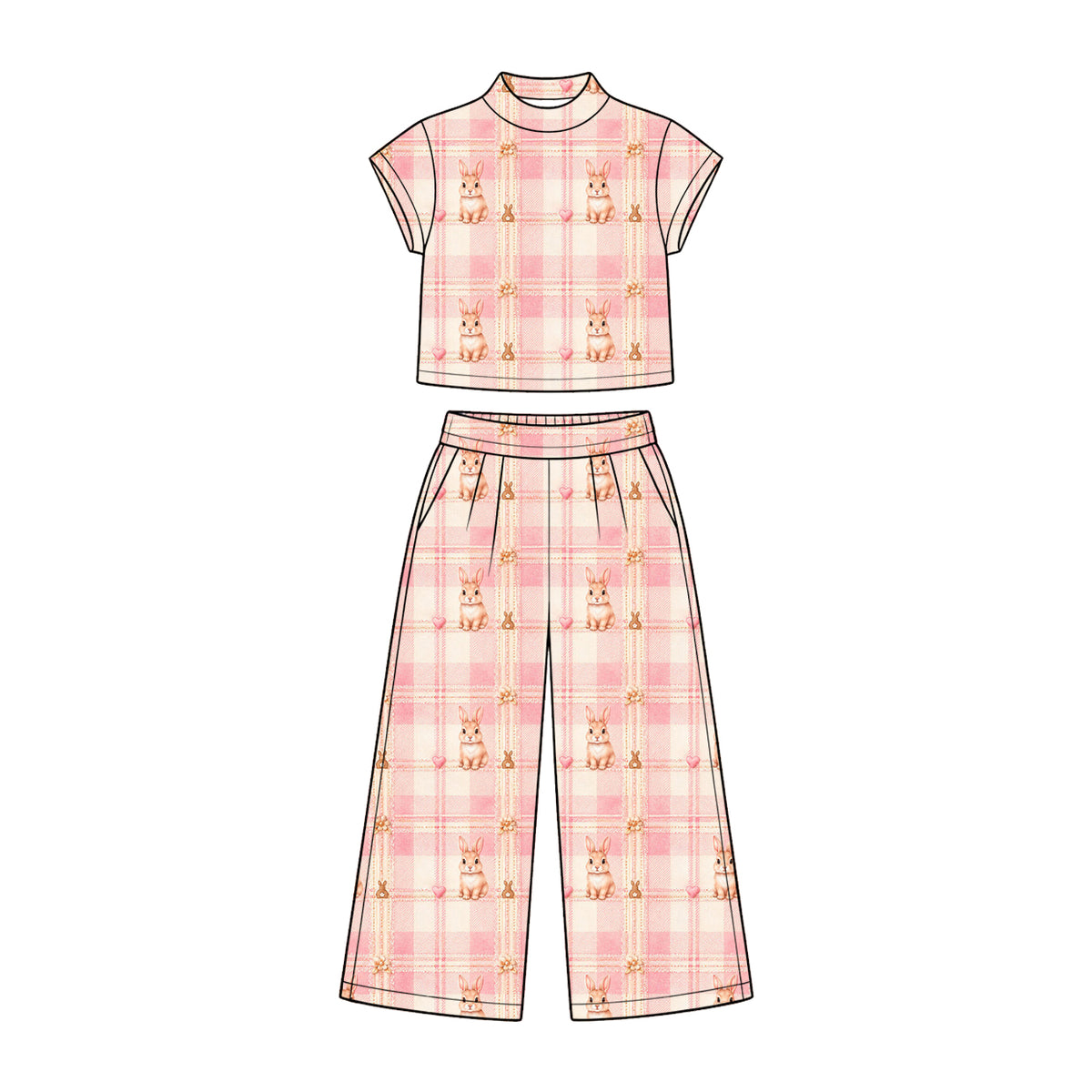 Preorder (moq 5) Baby Girl Clothes Easter Pink Plaid Bunny Heart Daisy Sweet Print Short Sleeve Wide Leg Pant Set