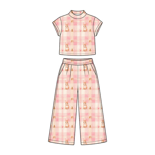 Preorder (moq 5) Baby Girl Clothes Easter Pink Plaid Bunny Heart Daisy Sweet Print Short Sleeve Wide Leg Pant Set