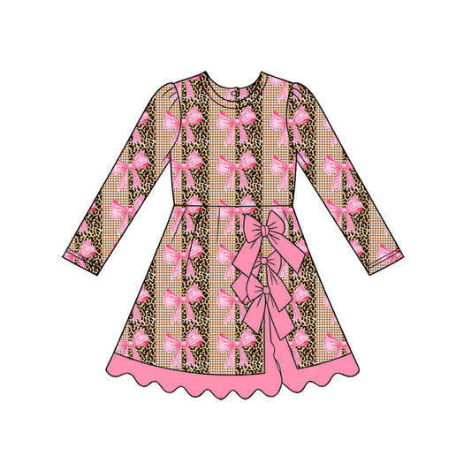 Preorder (moq 5) Baby Girl Clothes Leopard Gingham Pink Bow Mixed Print Long Sleeve A Line Dress