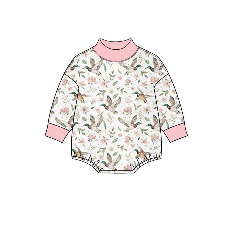 Preorder (moq 5) Baby Girl Clothes Floral Mallard Duck Print Long Sleeve Mock Neck Bubble Romper