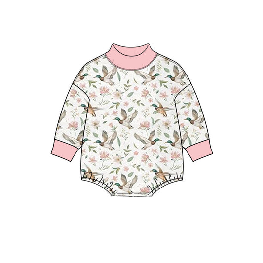 Preorder (moq 5) Baby Girl Clothes Floral Mallard Duck Print Long Sleeve Mock Neck Bubble Romper