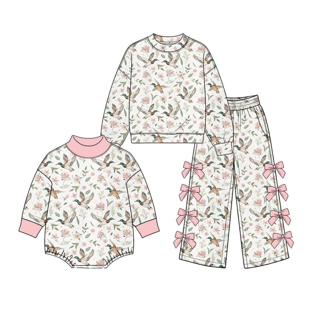 Preorder (moq 5) Baby Girl Clothes Floral Mallard Duck Print Long Sleeve Mock Neck Bubble Romper