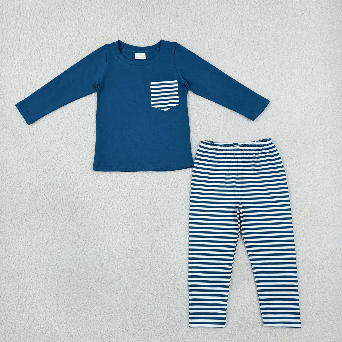 NO MOQ RTS BLP1512 Baby Boy Clothes Navy Stripe Pocket Print Long Sleeve Pant Set 202610