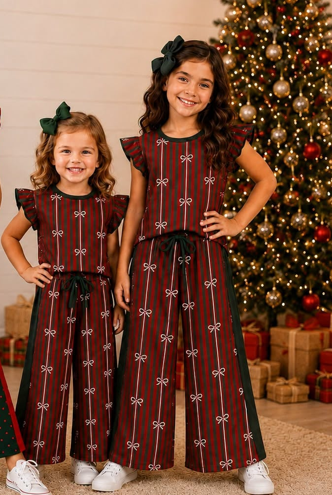 CUSTOM MOQ5 Baby Girl Clothes RED Stripe bow Print Short Sleeve Ruffle Top Wide Leg Pant Set
