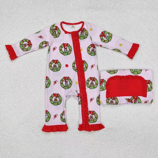 NO MOQ RTS LR1664 Baby Girl Clothes Christmas Wreath Puppy Mixed Print Long Sleeve Ruffle Zipper Romper 202609