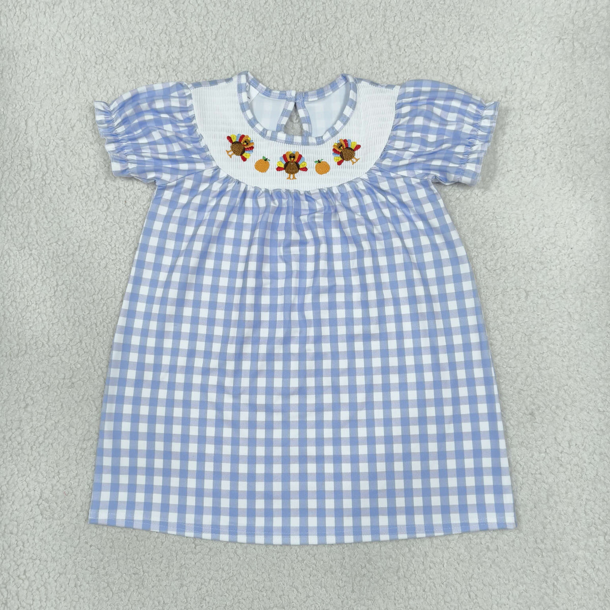 NO MOQ RTS GSD4250-smocked Baby Girl Clothes Blue Gingham Turkey Embroidery Print Short Sleeve Dress 202610