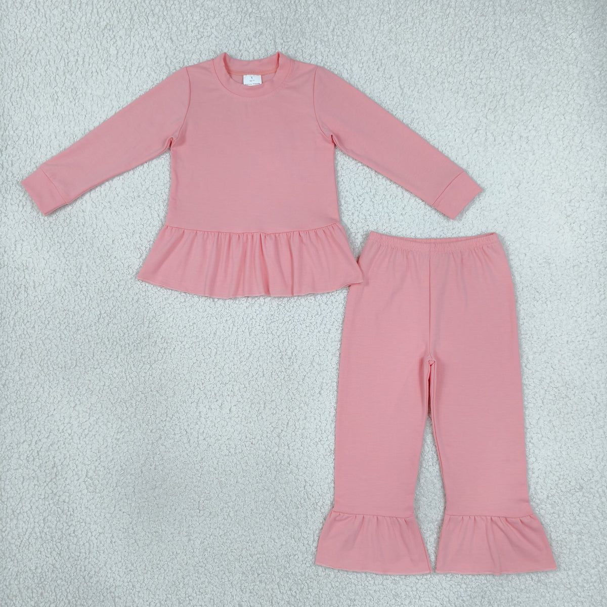 NO MOQ RTS GLP3746 Baby Girl Clothes Solid Pink Ruffle Hem Long Sleeve Top Flare Pant Set 202610
