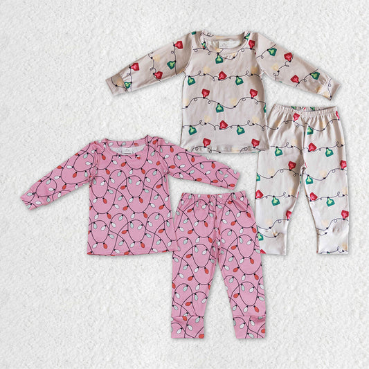 GLP0888 RTS christmas lights pink long sleevegirl pajamas outfit 20231025