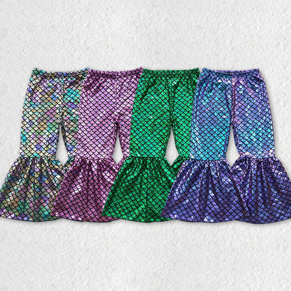 P0251 satin fish scale fish pattern gilding girl green colorful golden bell bottom long girl pants 20230802 RTS