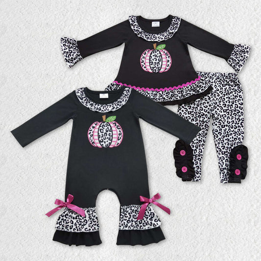 GLP0717 preorder embroidery leopard Halloween pumpkin long sleeve kids girl outfit 20230925 RTS