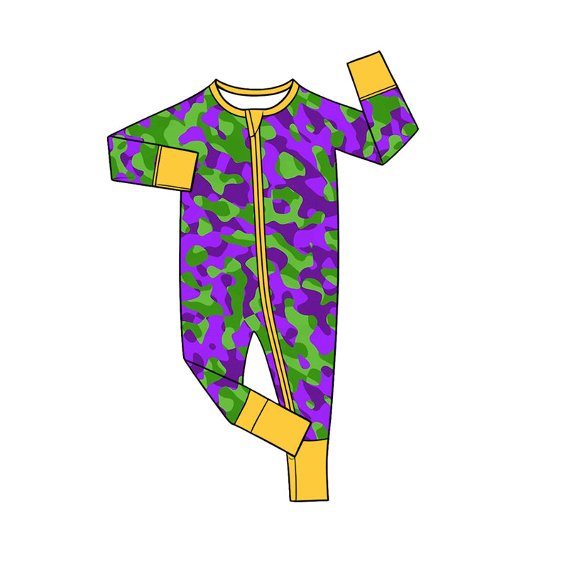 Preorder (moq 5) Baby Clothes Mardi Gras Camo Print Long Sleeve Zipper Romper