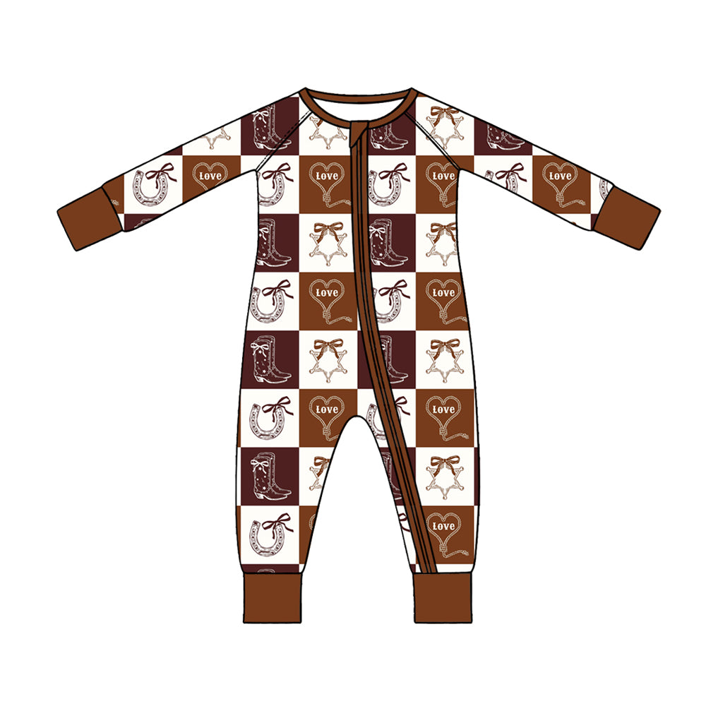 Preorder (moq 5) Baby Girl Clothes Western Cowboy Boot Horseshoe Checker Print Long Sleeve Zipper Romper