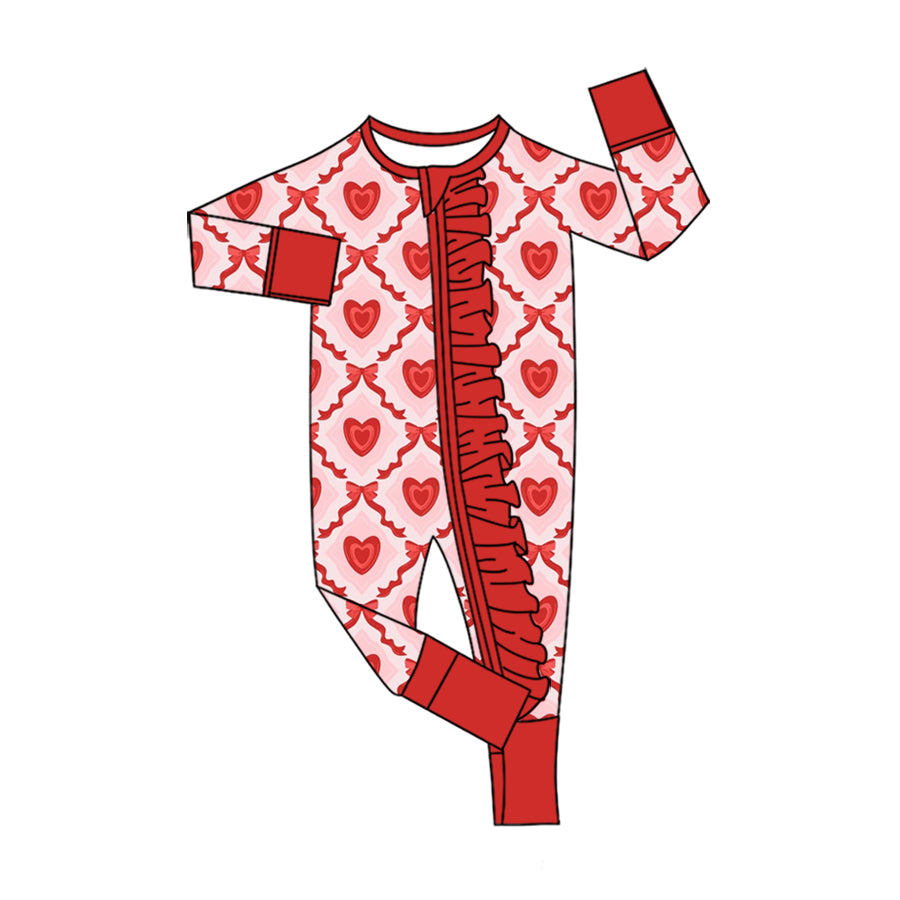 Preorder (moq 5) Baby Girl Clothes Red Bow Heart Diamond Mixed Print Long Sleeve Ruffle Zipper Baby Romper