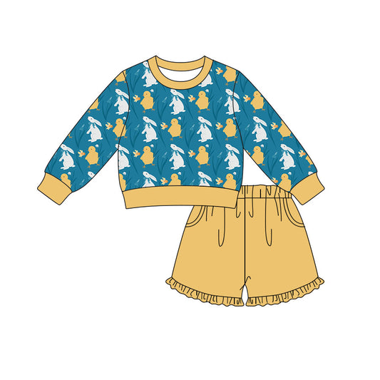 Preorder (moq 5) Baby Girl Clothes Bunny Chick Spring Print Long Sleeve Top Ruffle Shorts Outfit Set