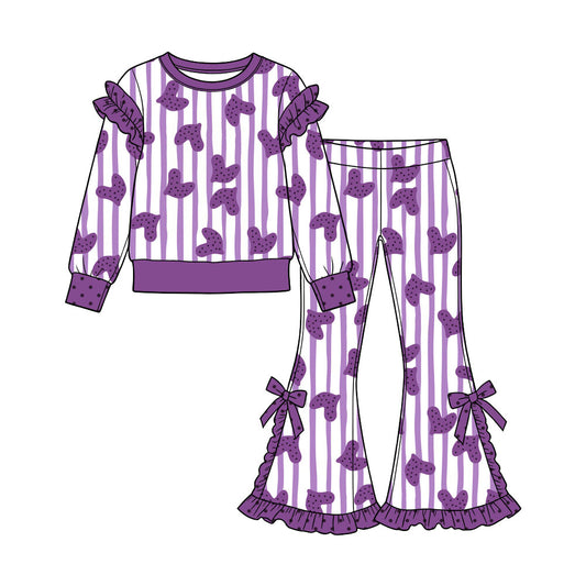 Preorder (moq 5) Baby Girl Clothes Purple Striped Heart Dot Print Long Sleeve Ruffle Top Bow Ruffle Flare Pant Set