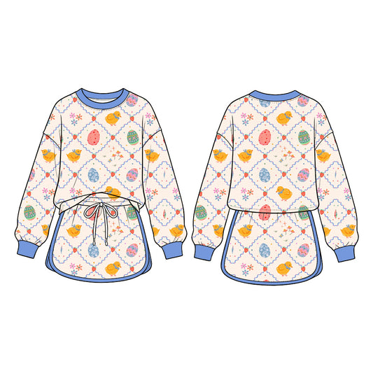 Preorder (moq 5) Baby Girl Clothes Cute Chick Easter Egg Lattice Mixed Print Long Sleeve Top Skirt Set
