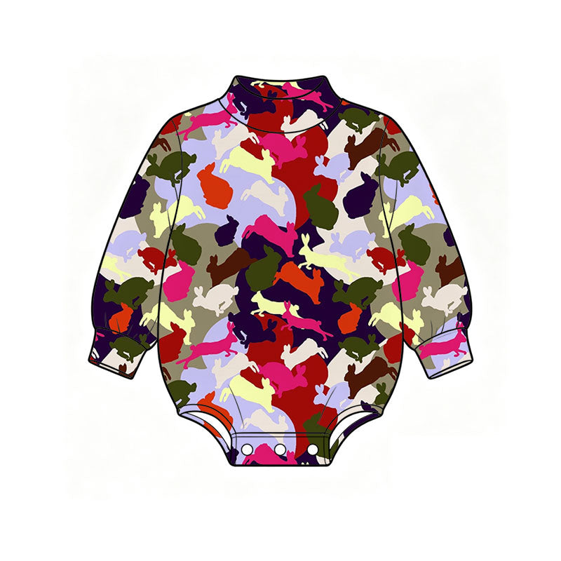 Preorder (moq 5) Baby Boy Clothes Easter Multicolor Bunny Camo Silhouette Print Long Sleeve Bubble Romper