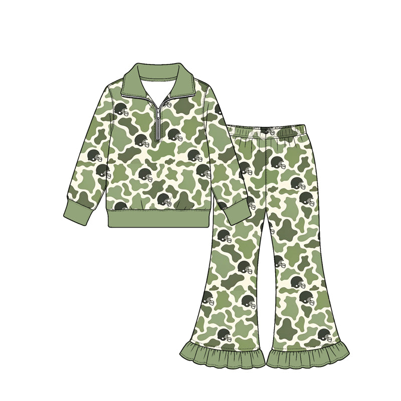Preorder (moq 5) Baby Girl Clothes Light Green Cow Camo Football Helmet Print Long Sleeve Half Zip Top Ruffle Flare Pant Set