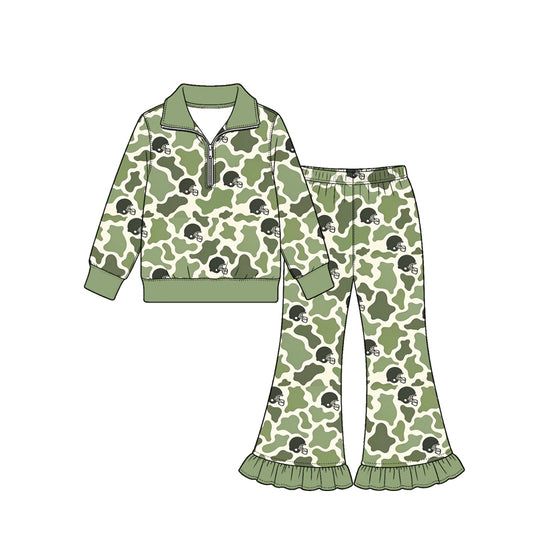 Preorder (moq 5) Baby Girl Clothes Light Green Cow Camo Football Helmet Print Long Sleeve Half Zip Top Ruffle Flare Pant Set