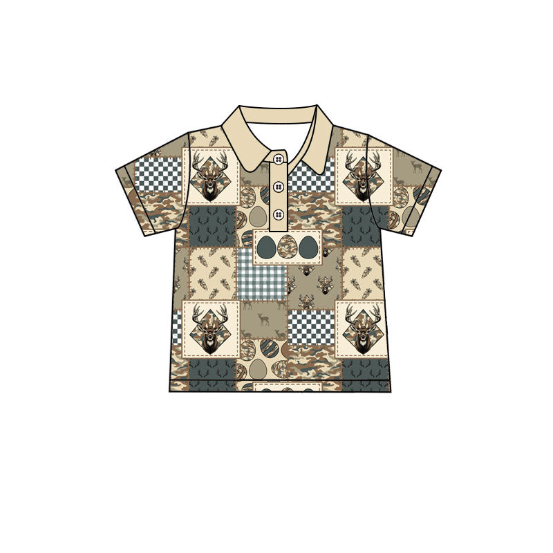 Preorder (moq 5) Baby Boy Clothes Easter Deer Camo Patchwork Print Short Sleeve Polo Shirt