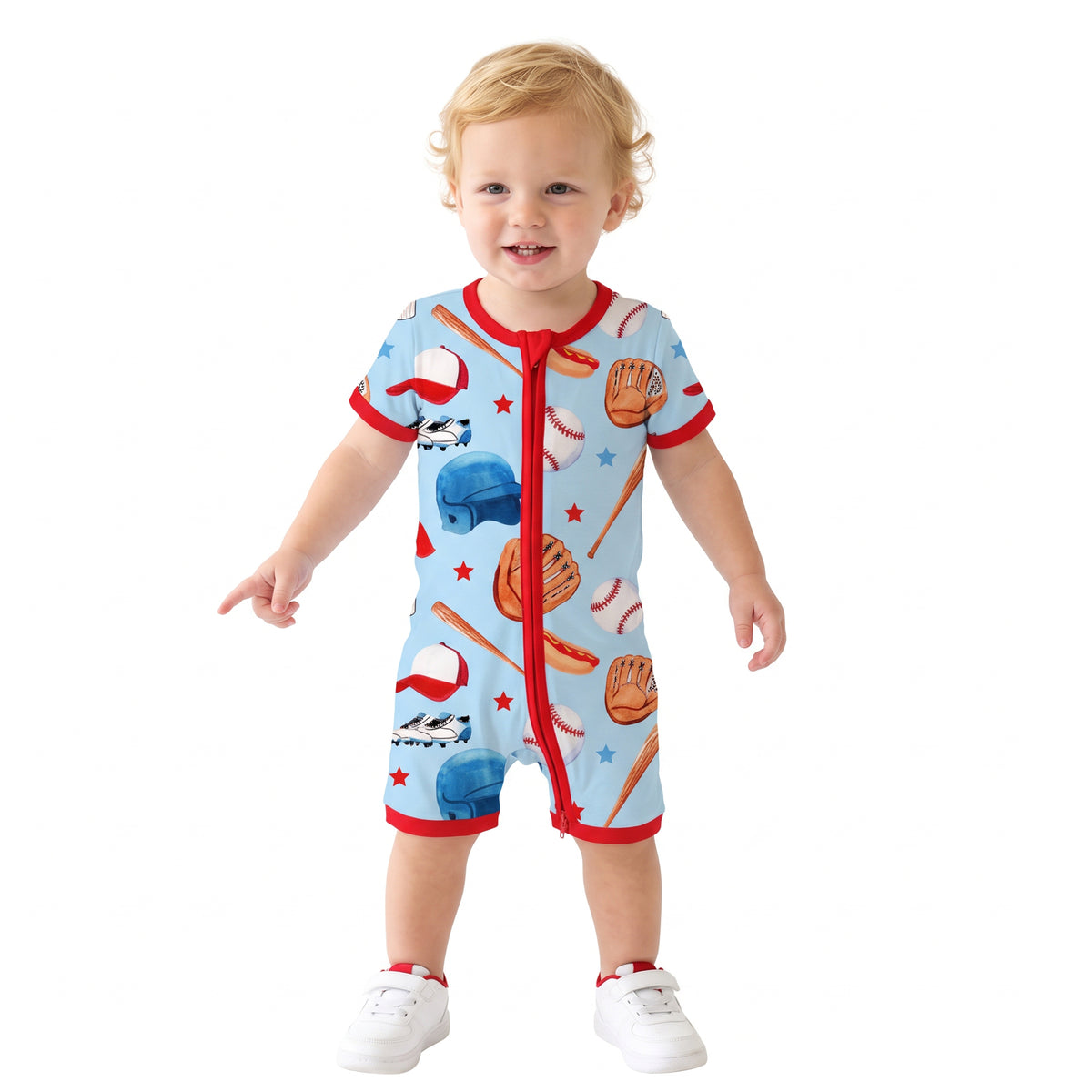 Preorder (moq 5) Baby Boy Romper Baseball Bat Glove Cap Print Short Sleeve Zipper Romper