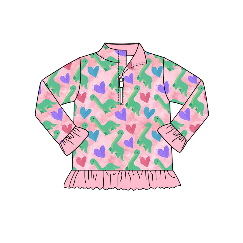 Preorder (moq 5) Baby Girl Clothes Dinosaur Heart Watercolor Print Long Sleeve Half Zip Ruffle Hem Top