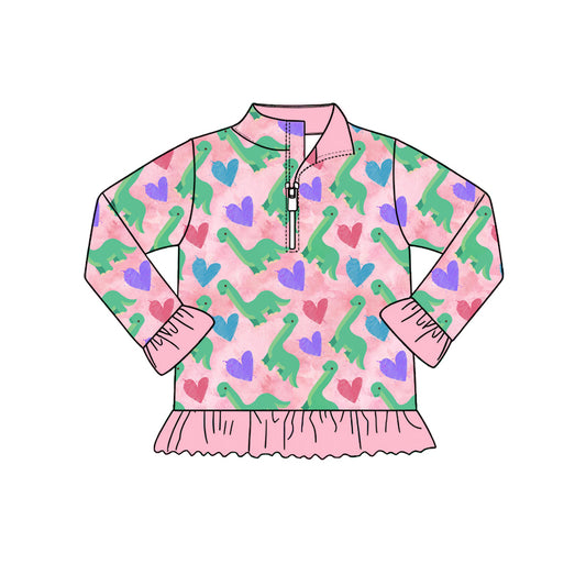 Preorder (moq 5) Baby Girl Clothes Dinosaur Heart Watercolor Print Long Sleeve Half Zip Ruffle Hem Top