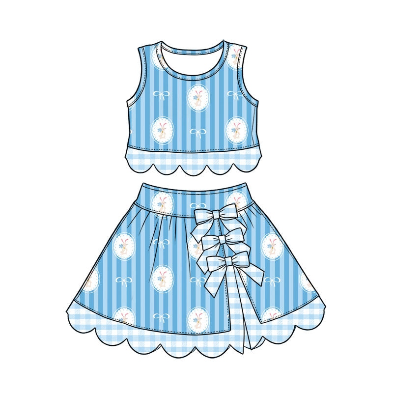 Preorder (moq 5) Baby Girl Clothes Easter Bunny Bow Blue Stripe Print Sleeveless Top Skirt Set With Plaid Bow