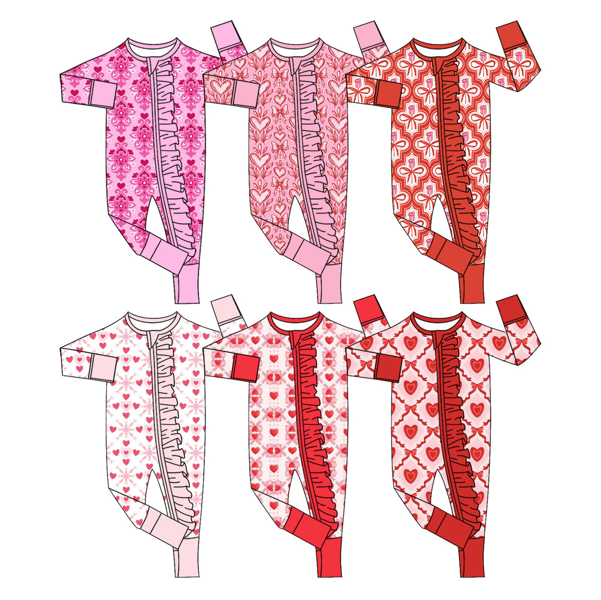 Preorder (moq 5) Baby Girl Clothes Pink Damask Heart Mixed Print Long Sleeve Ruffle Zipper Baby Romper