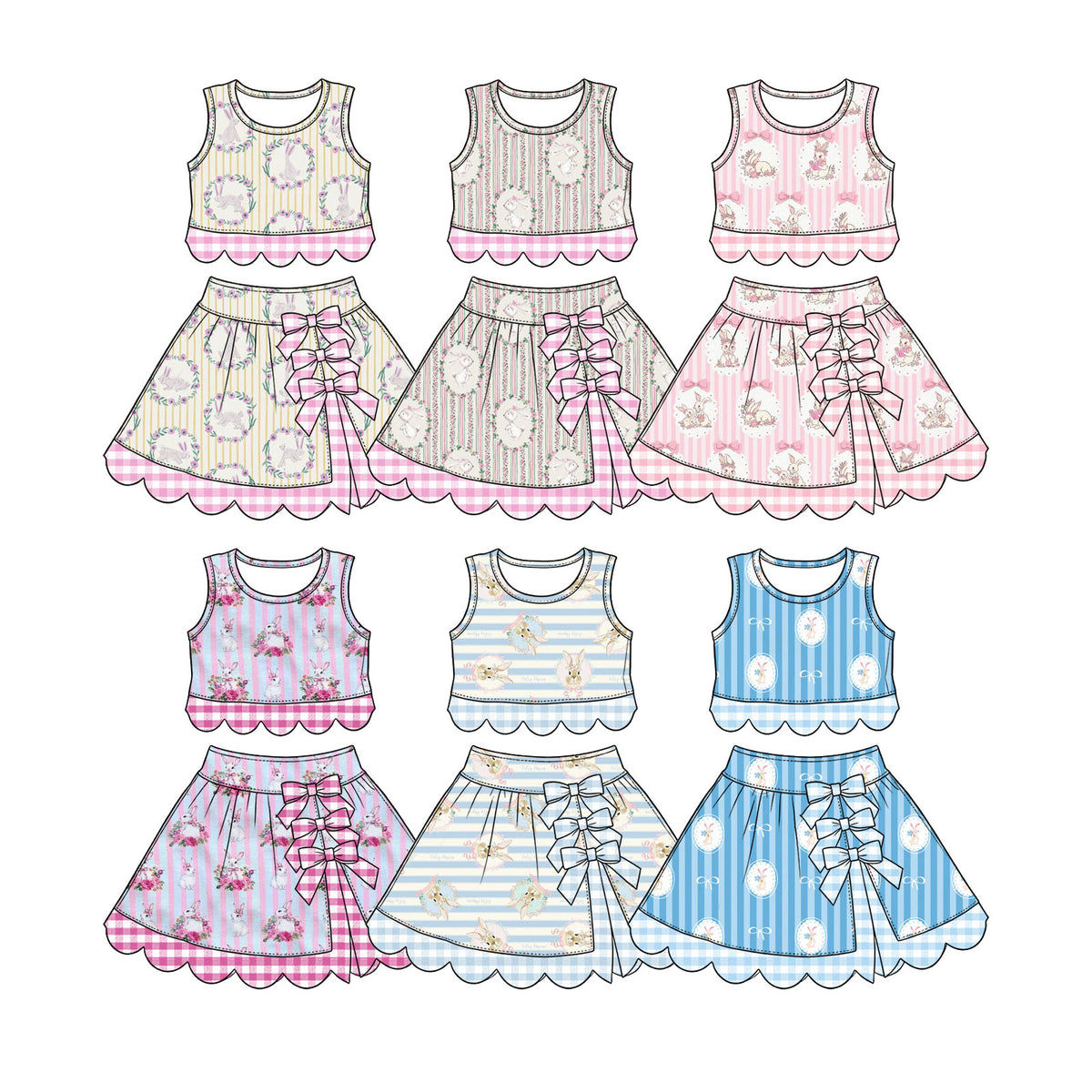 Preorder (moq 5) Baby Girl Clothes Easter Bunny Floral Circle Stripe Print Sleeveless Top Skirt Set With Plaid Bow