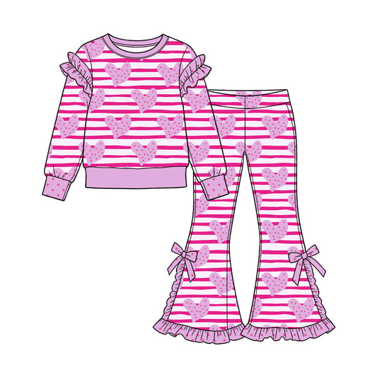 Preorder (moq 5) Baby Girl Clothes Pink Striped Heart Dot Print Long Sleeve Ruffle Top Bow Ruffle Flare Pant Set