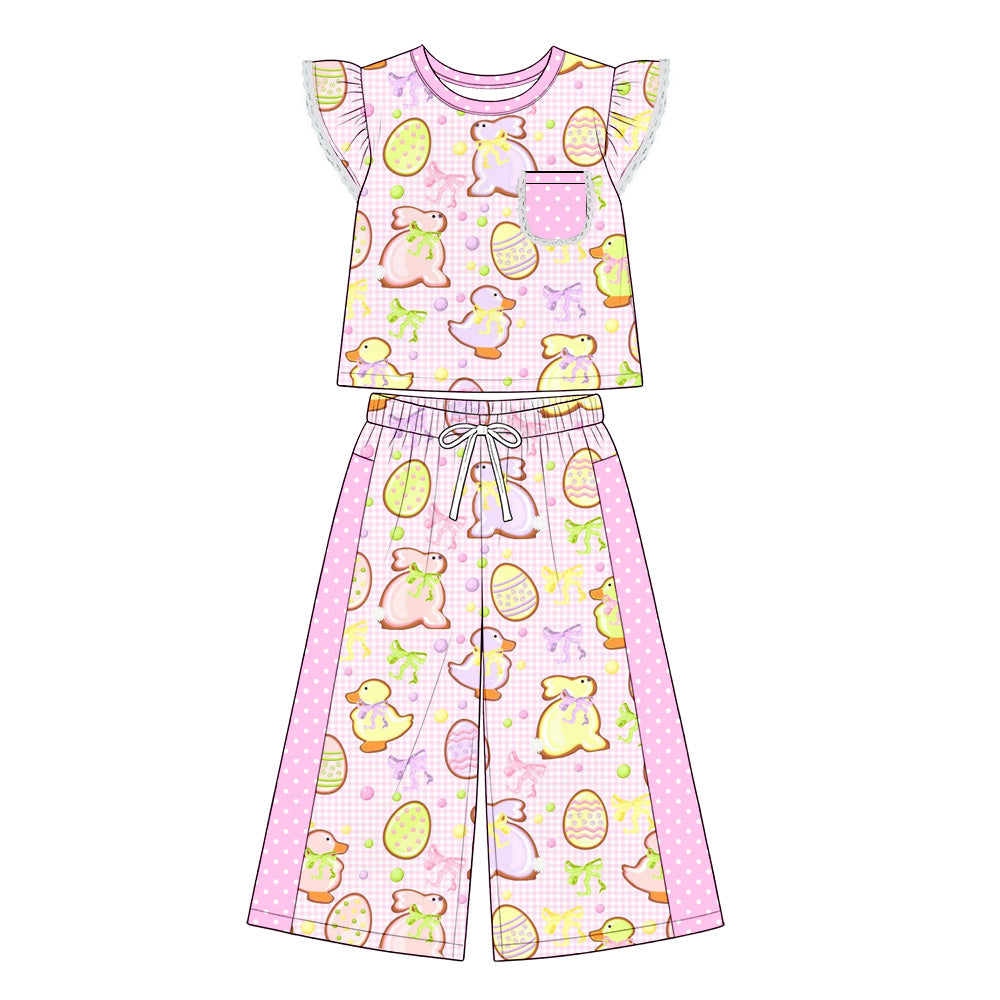 Preorder (moq 5) Baby Girl Clothes Easter Bunny Duck Egg Gingham Print Short Flutter Sleeve Top Wide Leg Pants Outfit Set