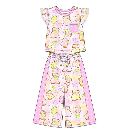 Preorder (moq 5) Baby Girl Clothes Easter Bunny Duck Egg Gingham Print Short Flutter Sleeve Top Wide Leg Pants Outfit Set