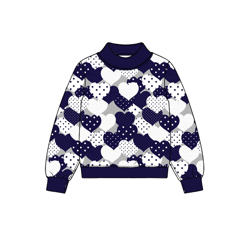 Preorder (moq 5) Women Clothes Navy White Polka Dot Heart Mixed Print Long Sleeve Mock Neck Top