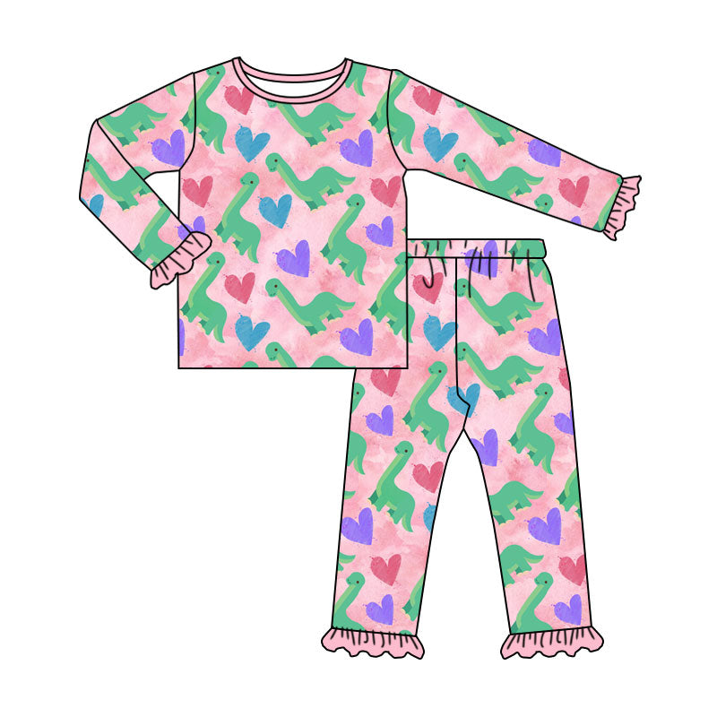 Preorder (moq 5) Baby Girl Clothes Dinosaur Heart Watercolor Print Long Sleeve Ruffle Pajama Set