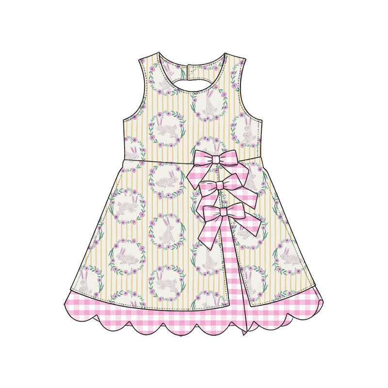 Preorder (moq 5) Baby Girl Clothes Easter Bunny Floral Wreath Stripe Print Sleeveless Dress With Plaid Bow