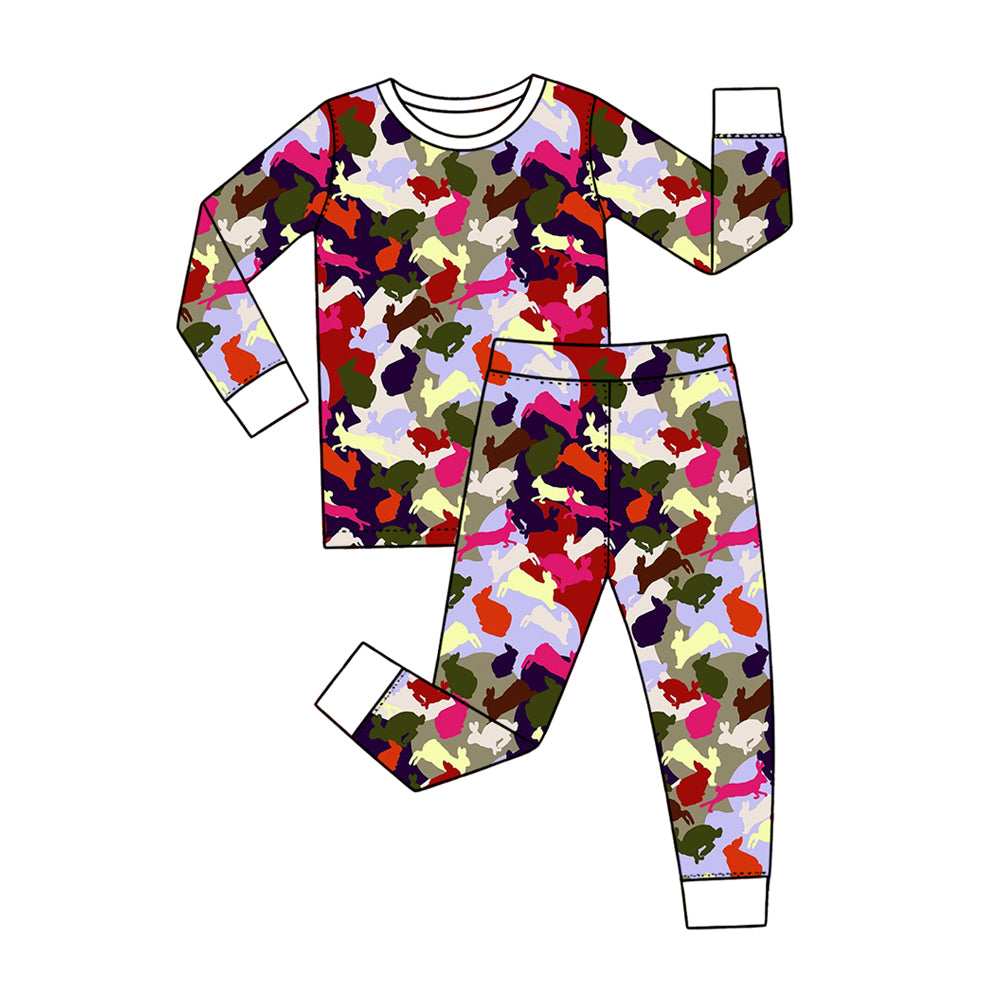 Preorder (moq 5) Baby Boy Clothes Easter Bunny Multicolor Camo Silhouette Print Long Sleeve Pajama Set